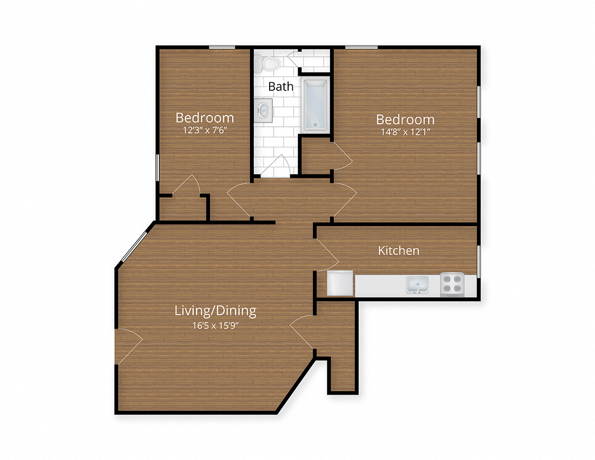 Floor plan for 2 beds, 1 bath, 971 sqft